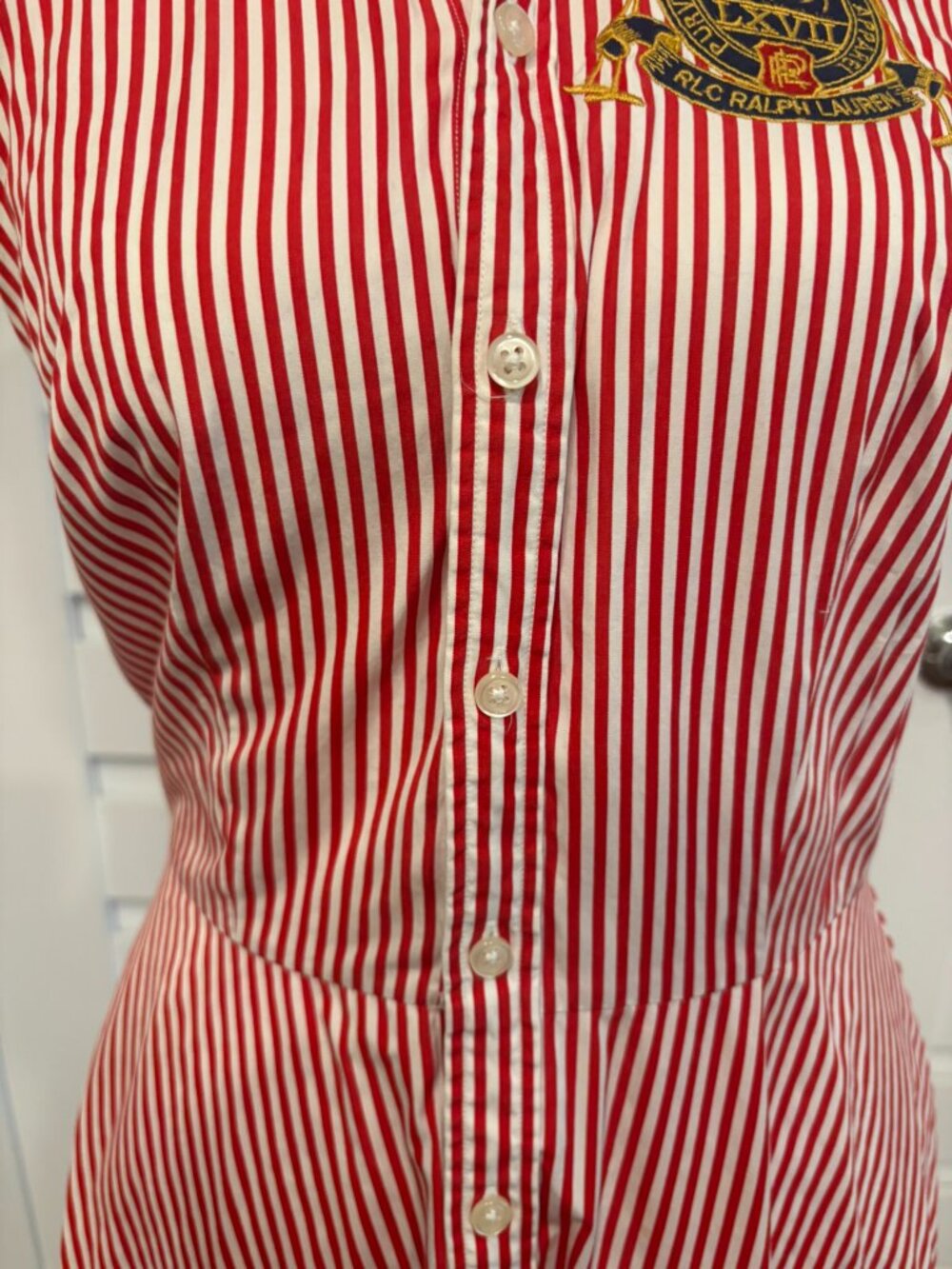 Vintage Ralph Lauren Red White Striped Halter Shirt Dress Crest XS S - Picture 7 of 12